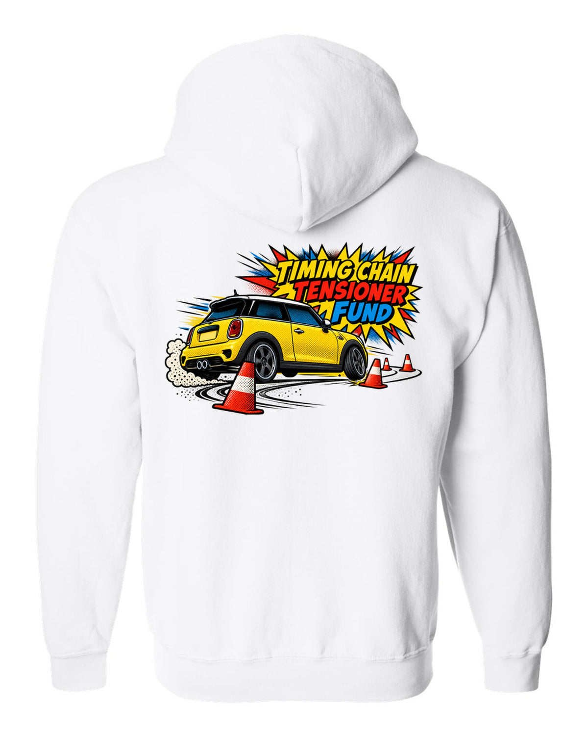 Comic halftone print of a Mini Cooper S R56 in a cone slalom with timing chain tensioner fund text white zip hoodie back view with the design