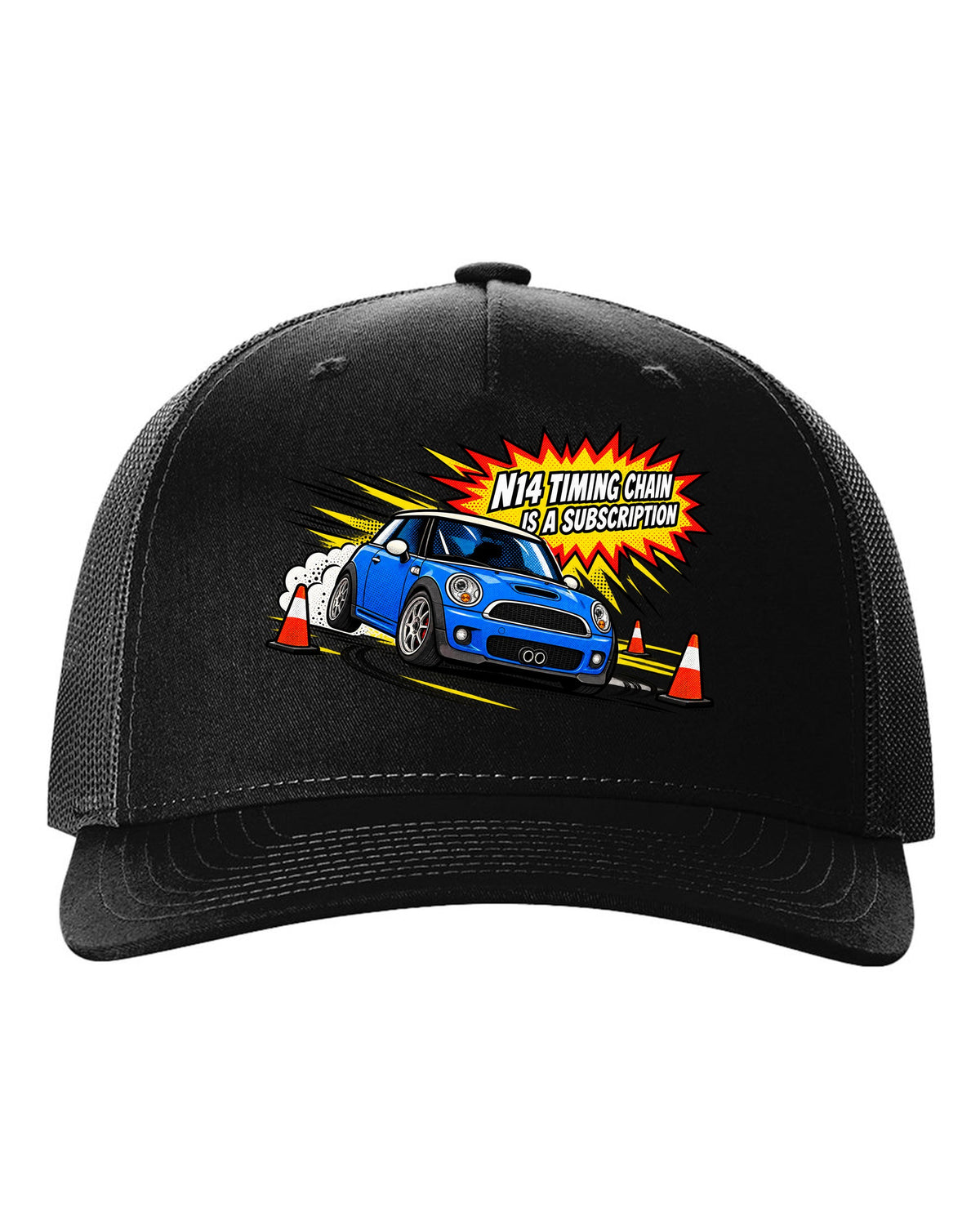 Comic halftone pop-art Mini Cooper S R56 with N14 timing chain joke black hat front view with the design