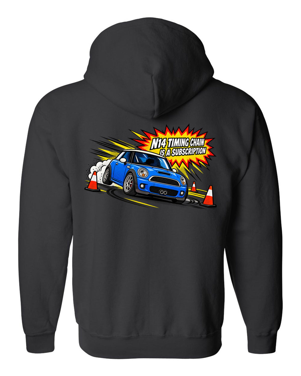 Comic halftone pop-art Mini Cooper S R56 with N14 timing chain joke black zip hoodie back view with the design