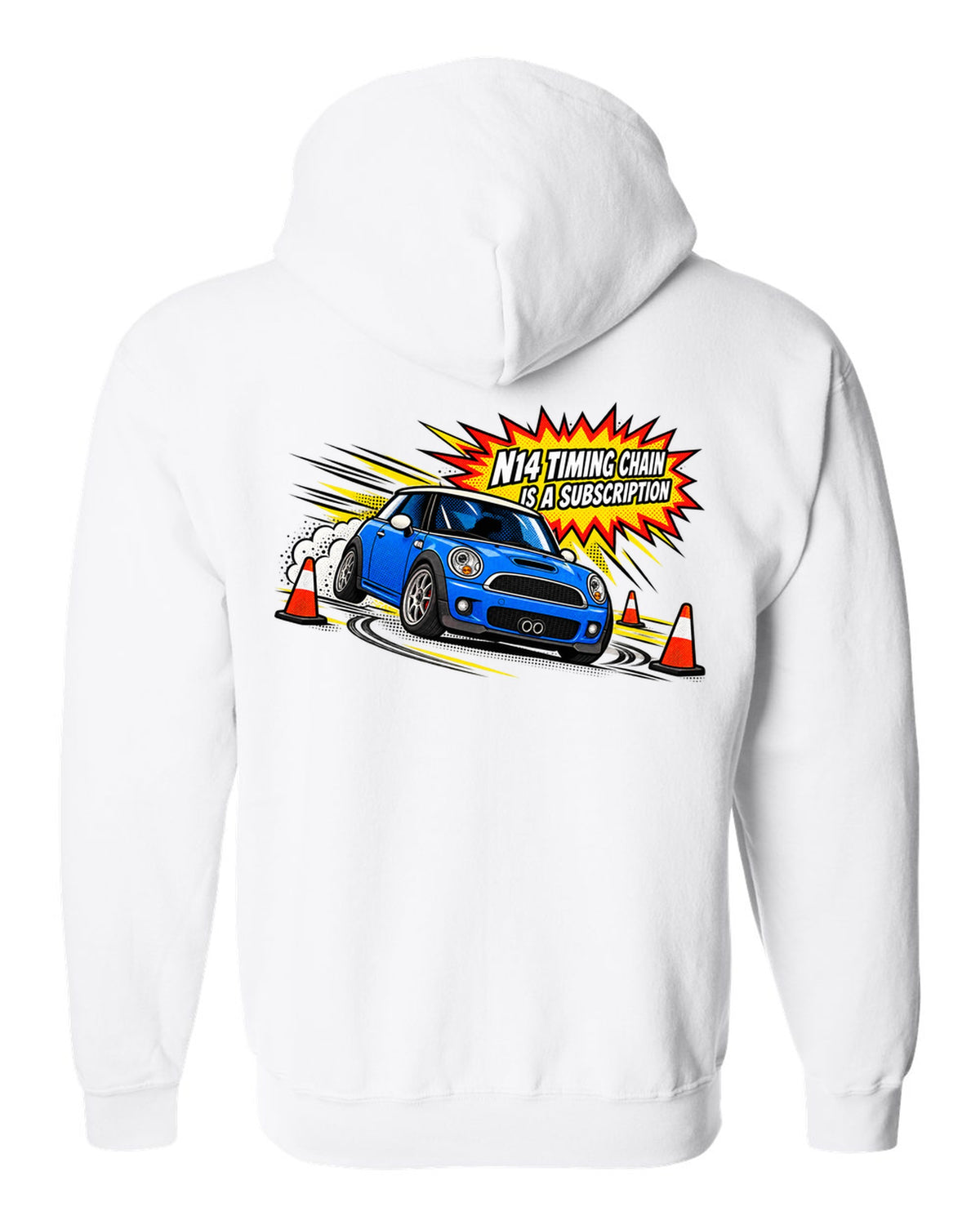 Comic halftone pop-art Mini Cooper S R56 with N14 timing chain joke white zip hoodie back view with the design