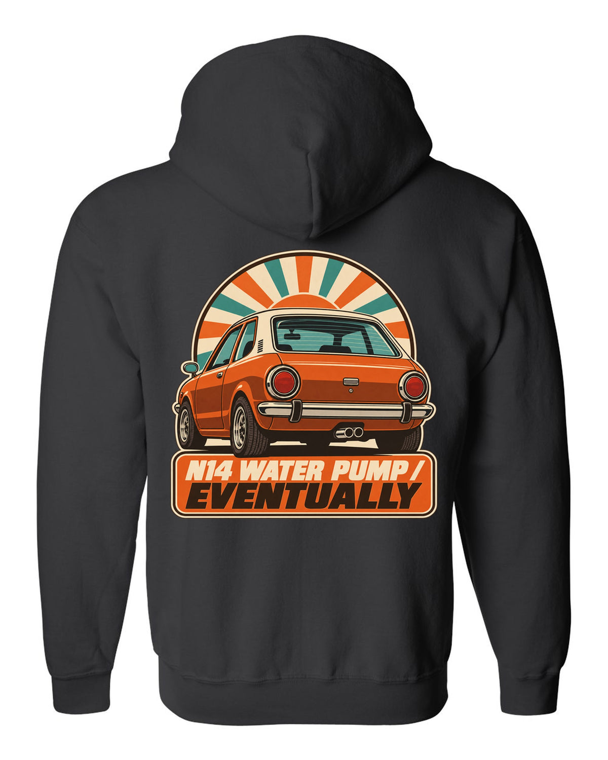 1970s catalogue-style ad of a Mini Cooper S R56 with N14 water pump text black zip hoodie back view with the design