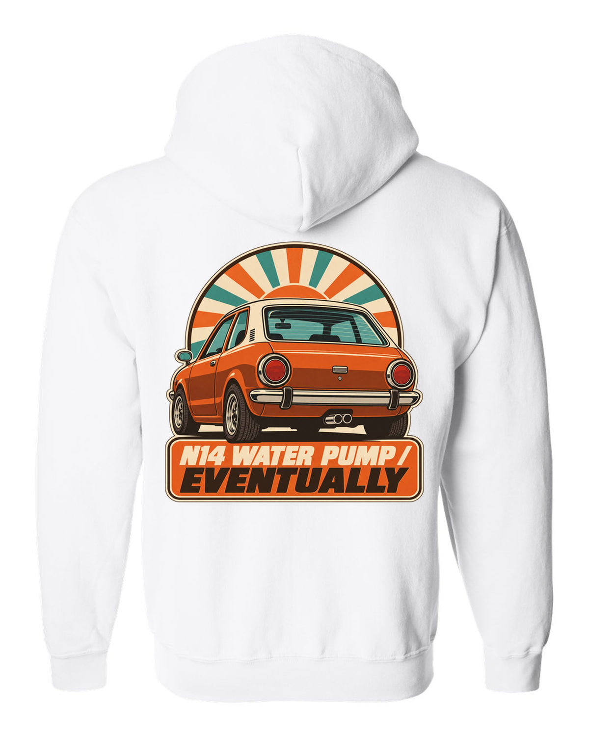 1970s catalogue-style ad of a Mini Cooper S R56 with N14 water pump text white zip hoodie back view with the design