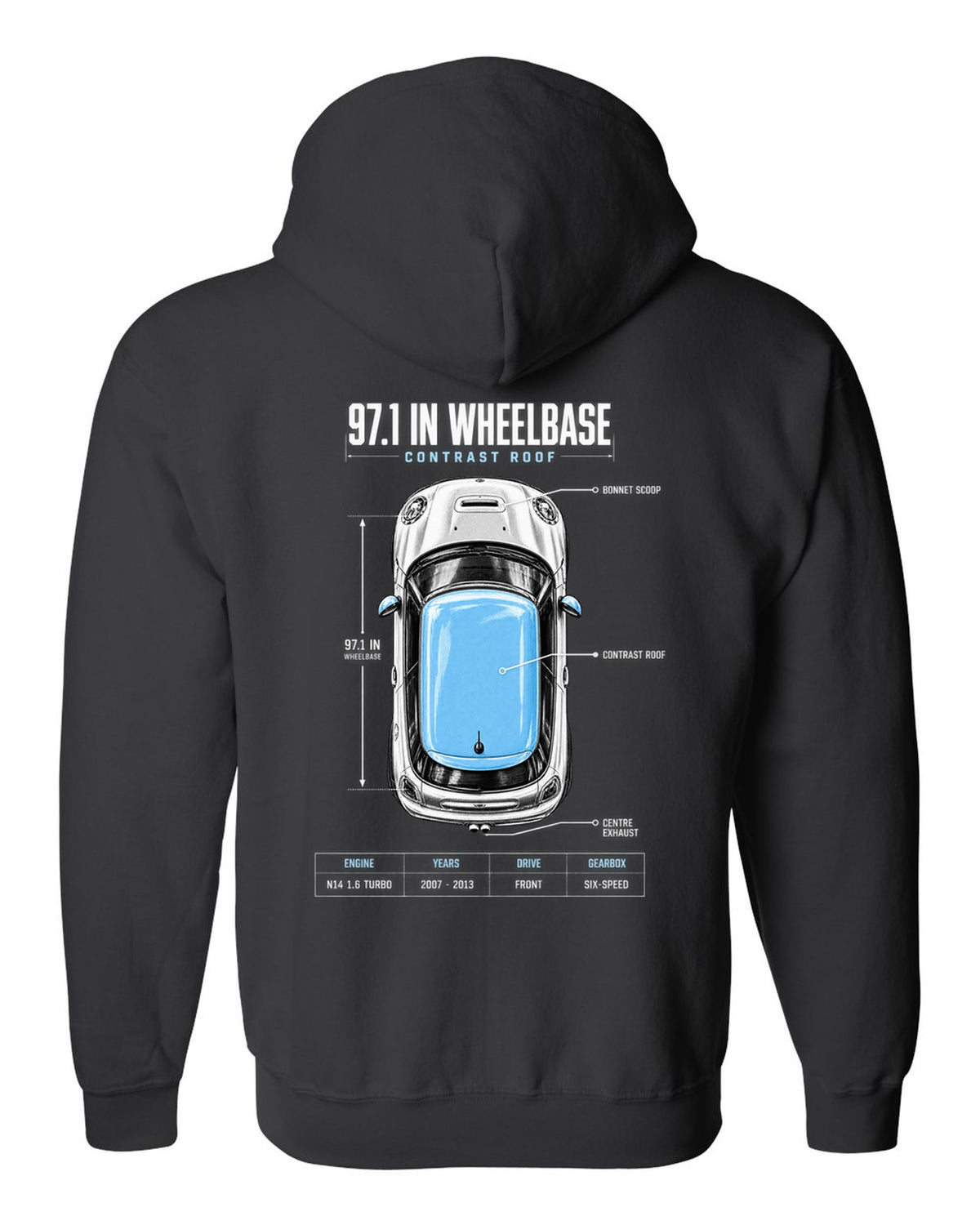 Top-down plan view of a Mini Cooper S R56 on a spec poster print with wheelbase text black zip hoodie back view with the design