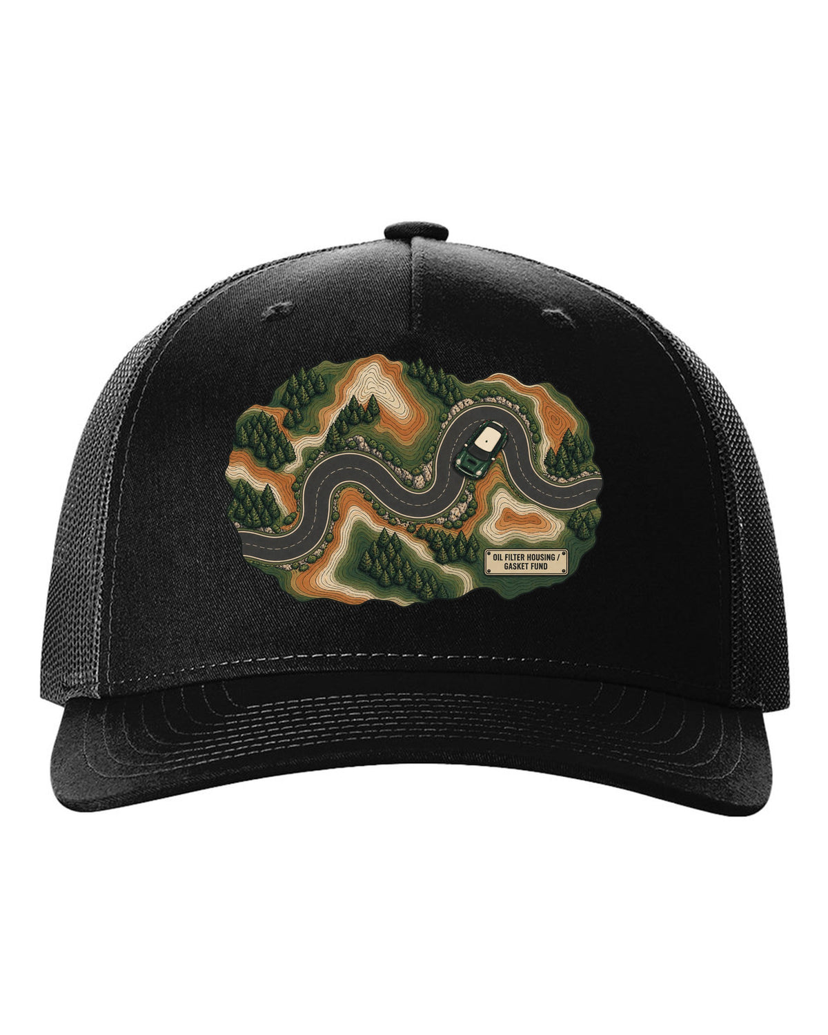 Topographic route map design of a Mini Cooper S R56 with gasket fund text black hat front view with the design
