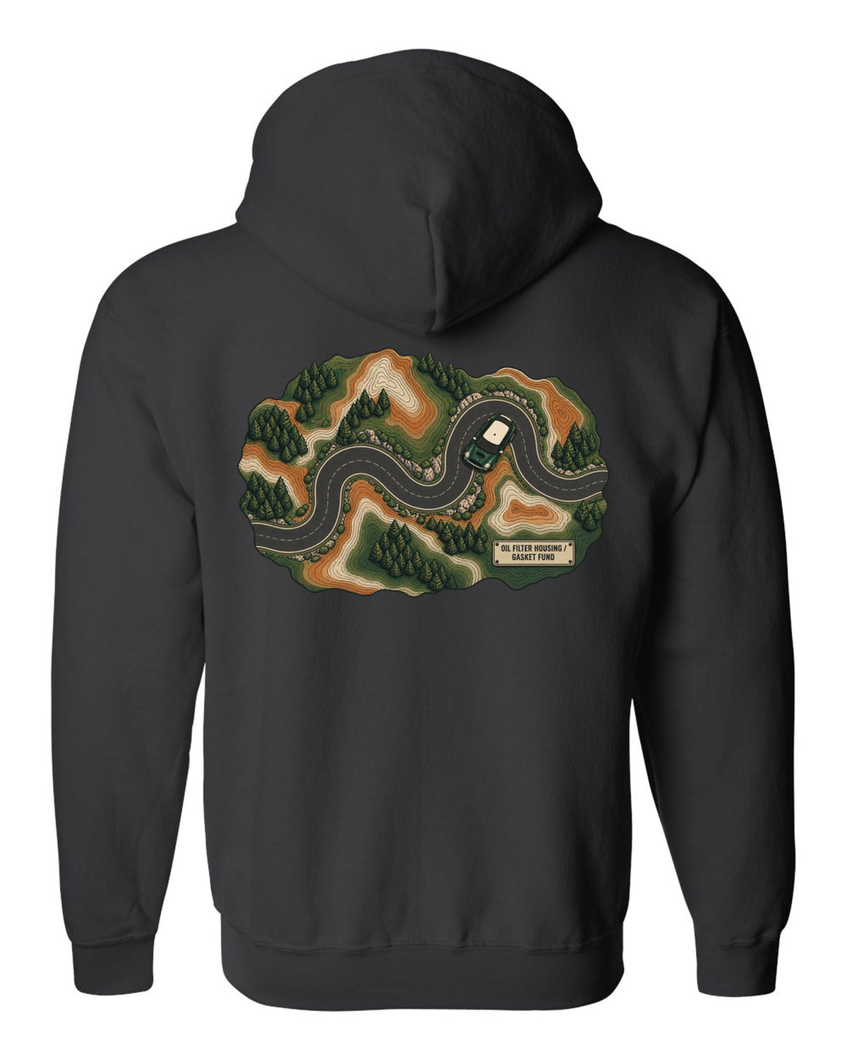 Topographic route map design of a Mini Cooper S R56 with gasket fund text black zip hoodie back view with the design