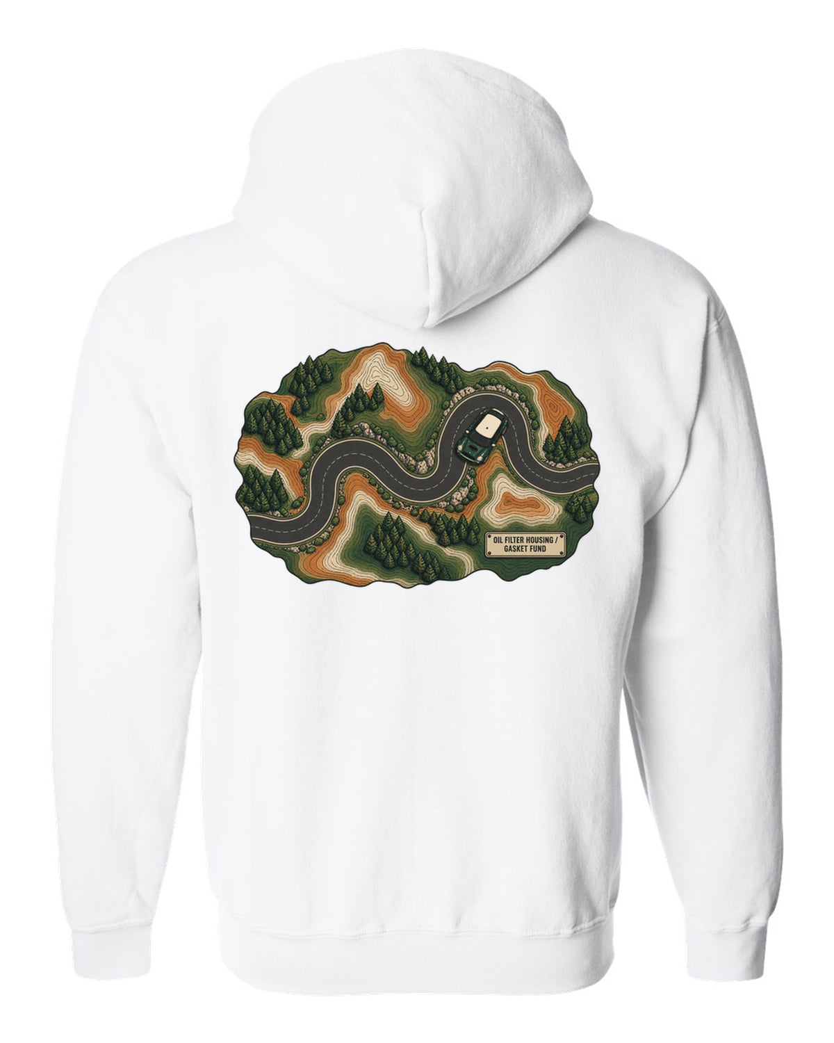 Topographic route map design of a Mini Cooper S R56 with gasket fund text white zip hoodie back view with the design