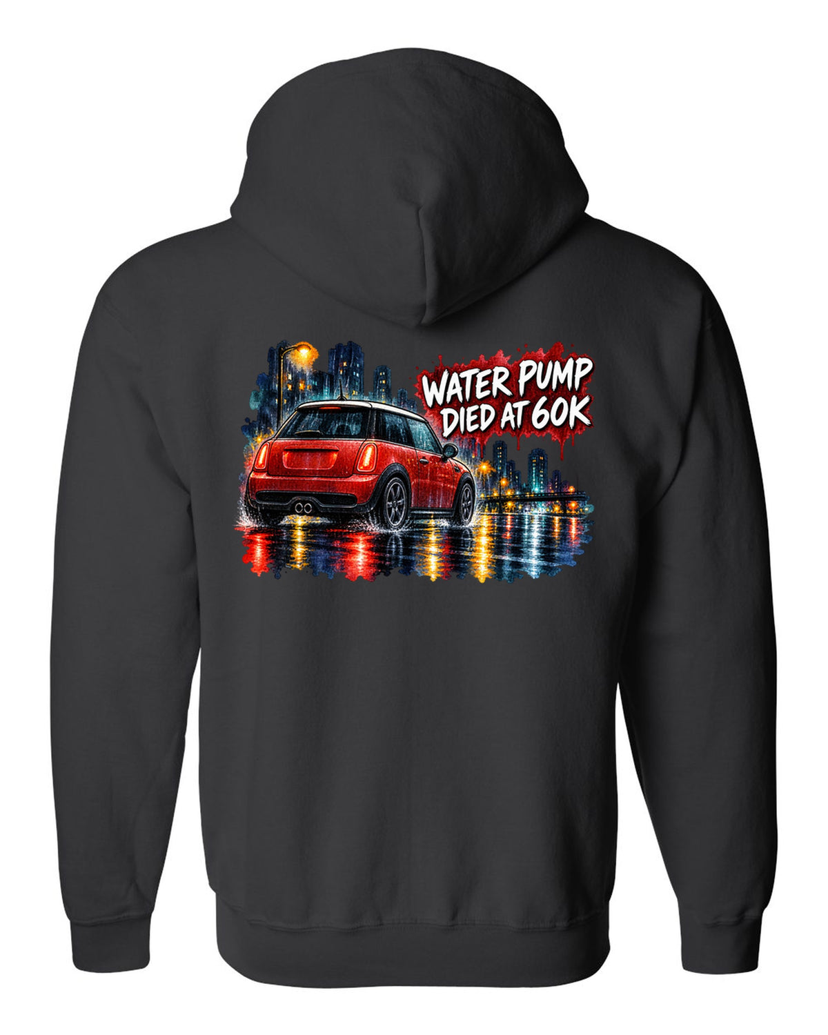 Watercolour night scene of a Mini Cooper S R56 on a wet road black zip hoodie back view with the design