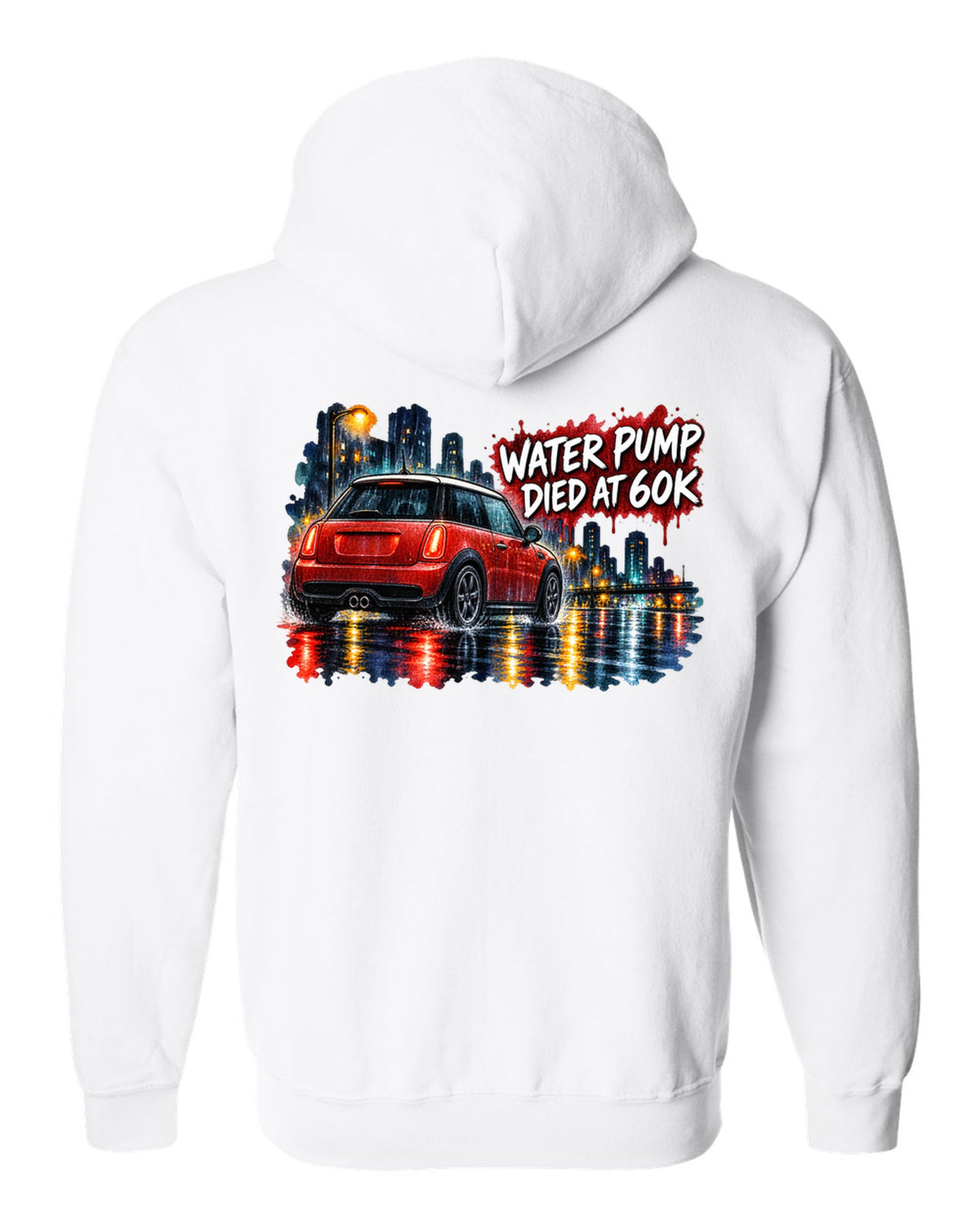 Watercolour night scene of a Mini Cooper S R56 on a wet road white zip hoodie back view with the design