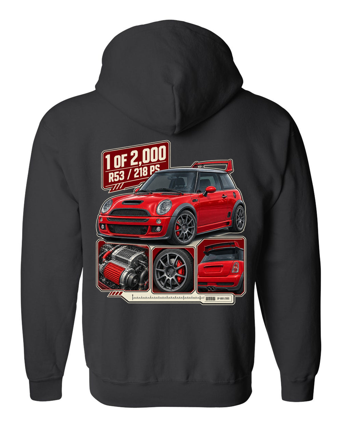 Dossier panel print for the Mini Cooper S Works GP R53 2006 showing 1 of 2,000 black zip hoodie back view with the design