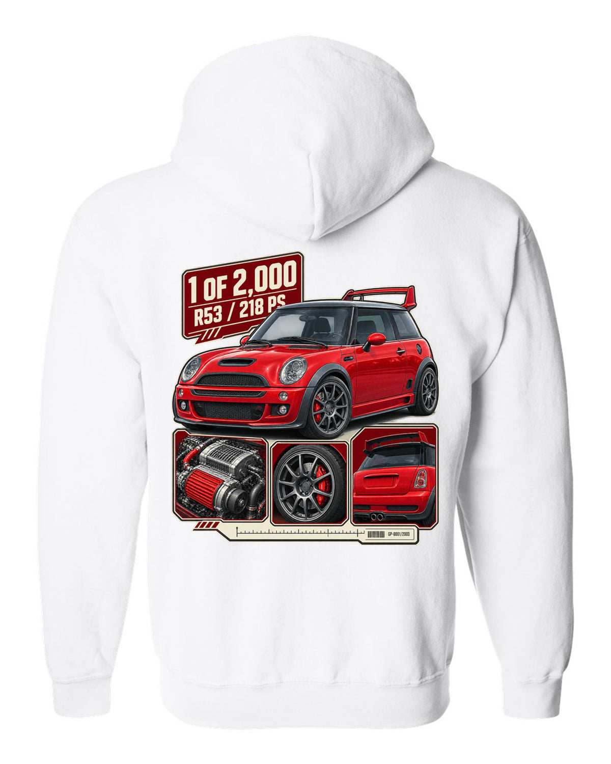 Dossier panel print for the Mini Cooper S Works GP R53 2006 showing 1 of 2,000 white zip hoodie back view with the design