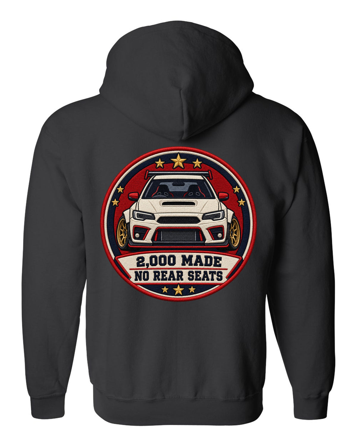 Embroidery-style varsity crest print for the Mini GP1 R53 with 2,000 made and no rear seats text black zip hoodie back view with the design