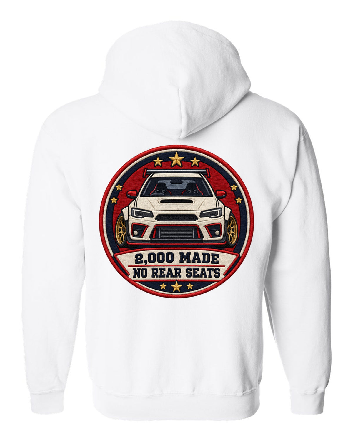 Embroidery-style varsity crest print for the Mini GP1 R53 with 2,000 made and no rear seats text white zip hoodie back view with the design