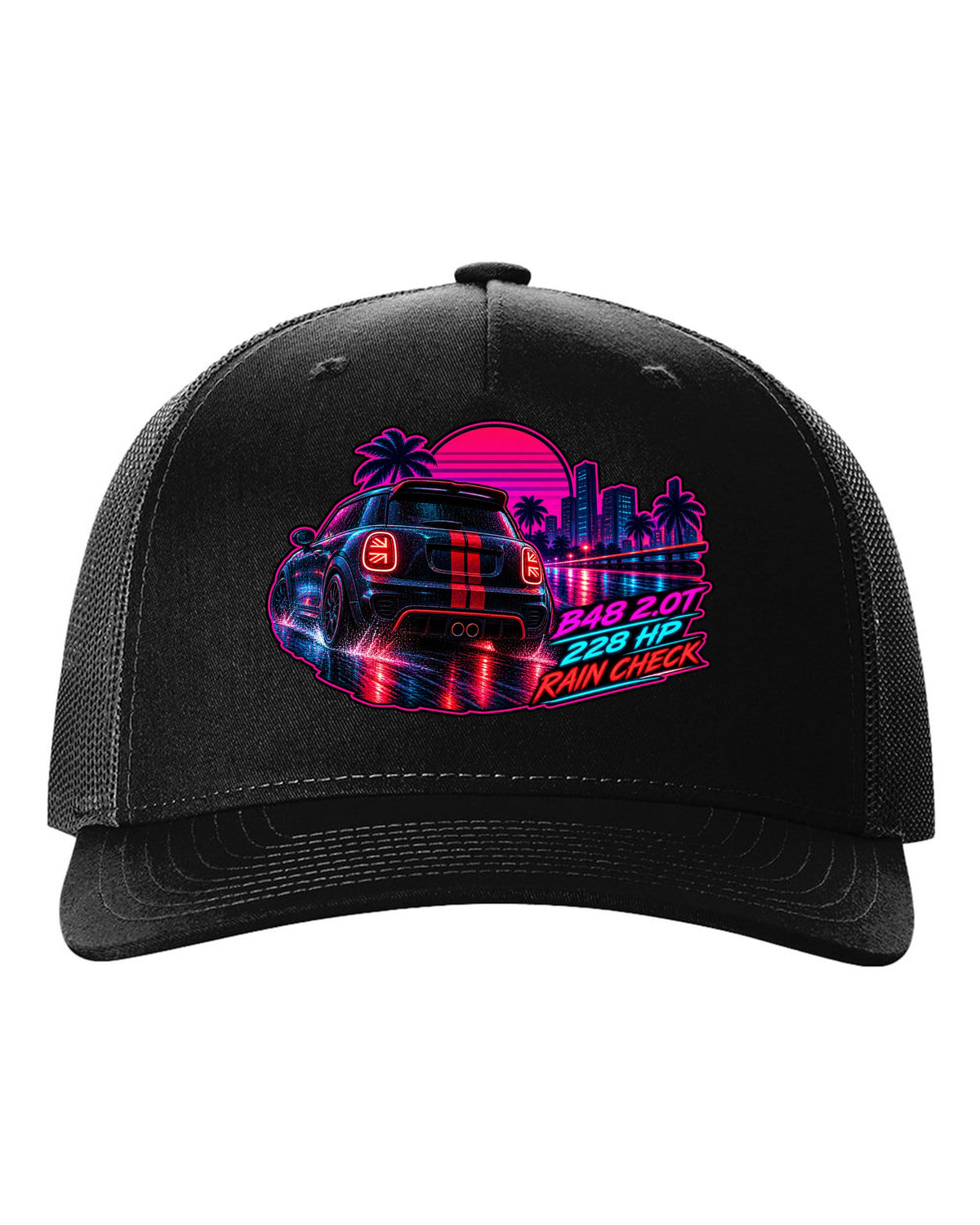 Synthwave print of a Mini JCW F56 rear with Union Jack tail lights and B48 228 HP text black hat front view with the design
