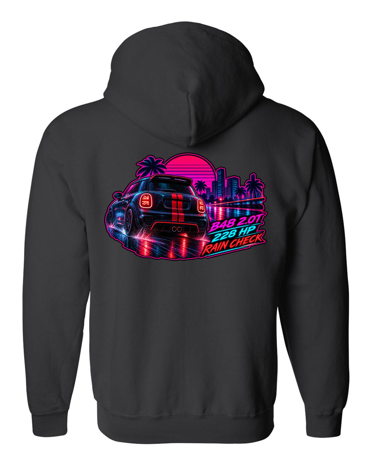 Synthwave print of a Mini JCW F56 rear with Union Jack tail lights and B48 228 HP text black zip hoodie back view with the design