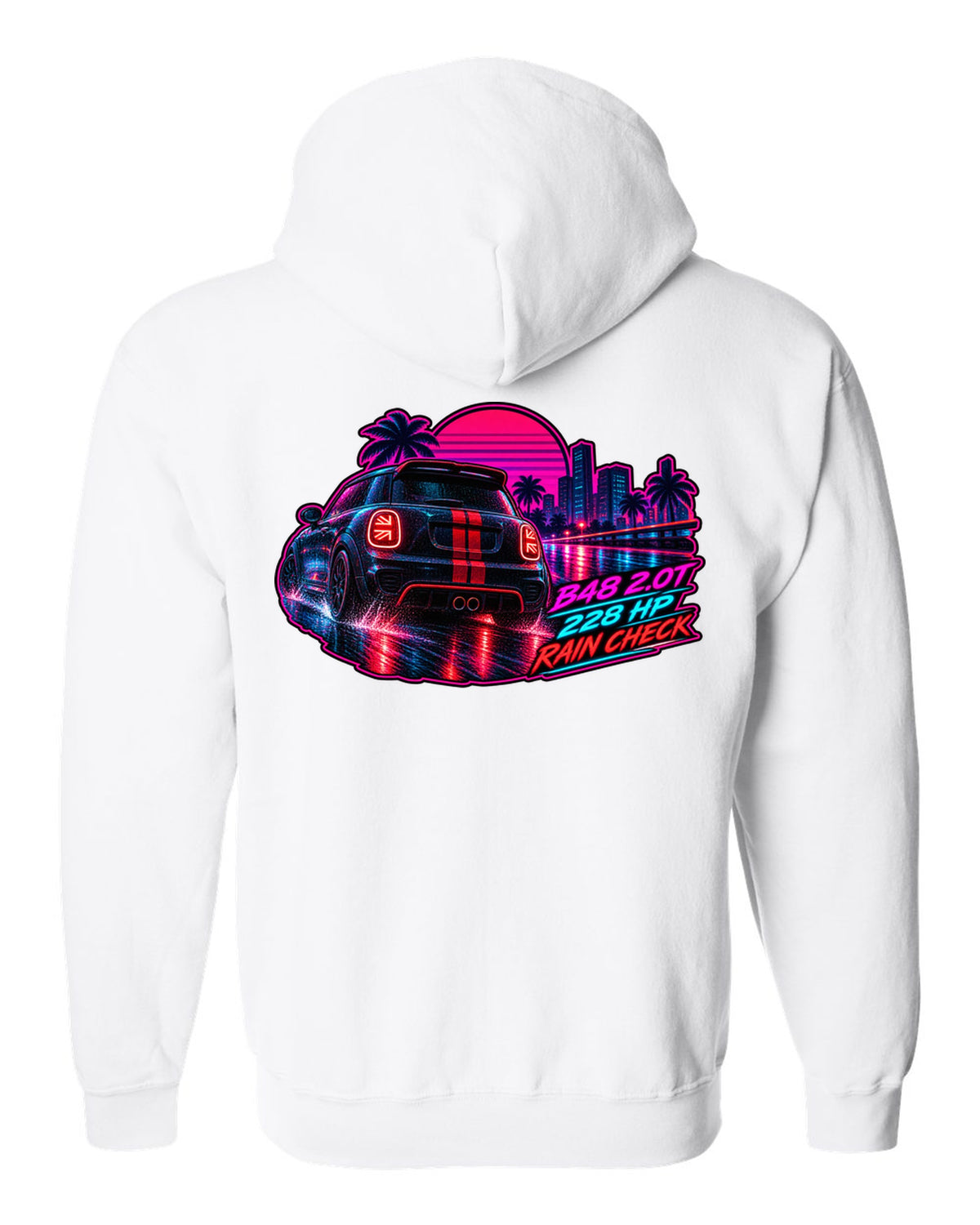 Synthwave print of a Mini JCW F56 rear with Union Jack tail lights and B48 228 HP text white zip hoodie back view with the design