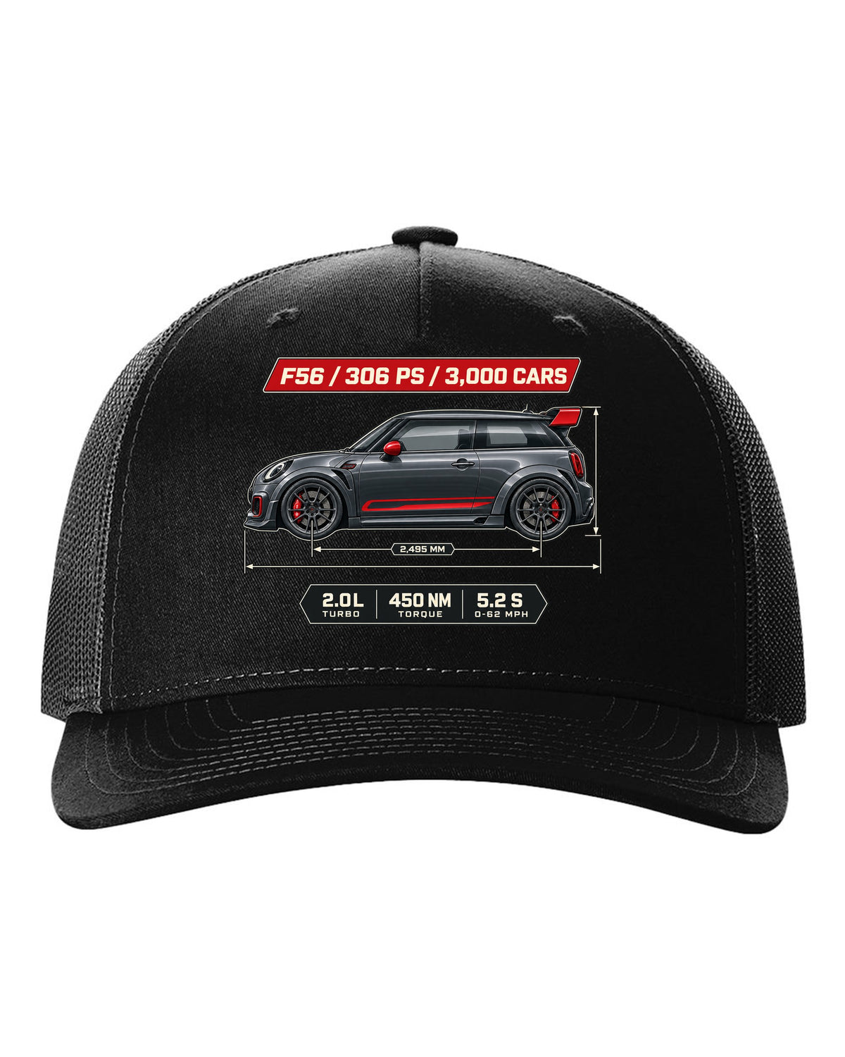 Dimension blueprint print of the Mini JCW GP F56 2020 with 306 PS and 3,000 cars text black hat front view with the design