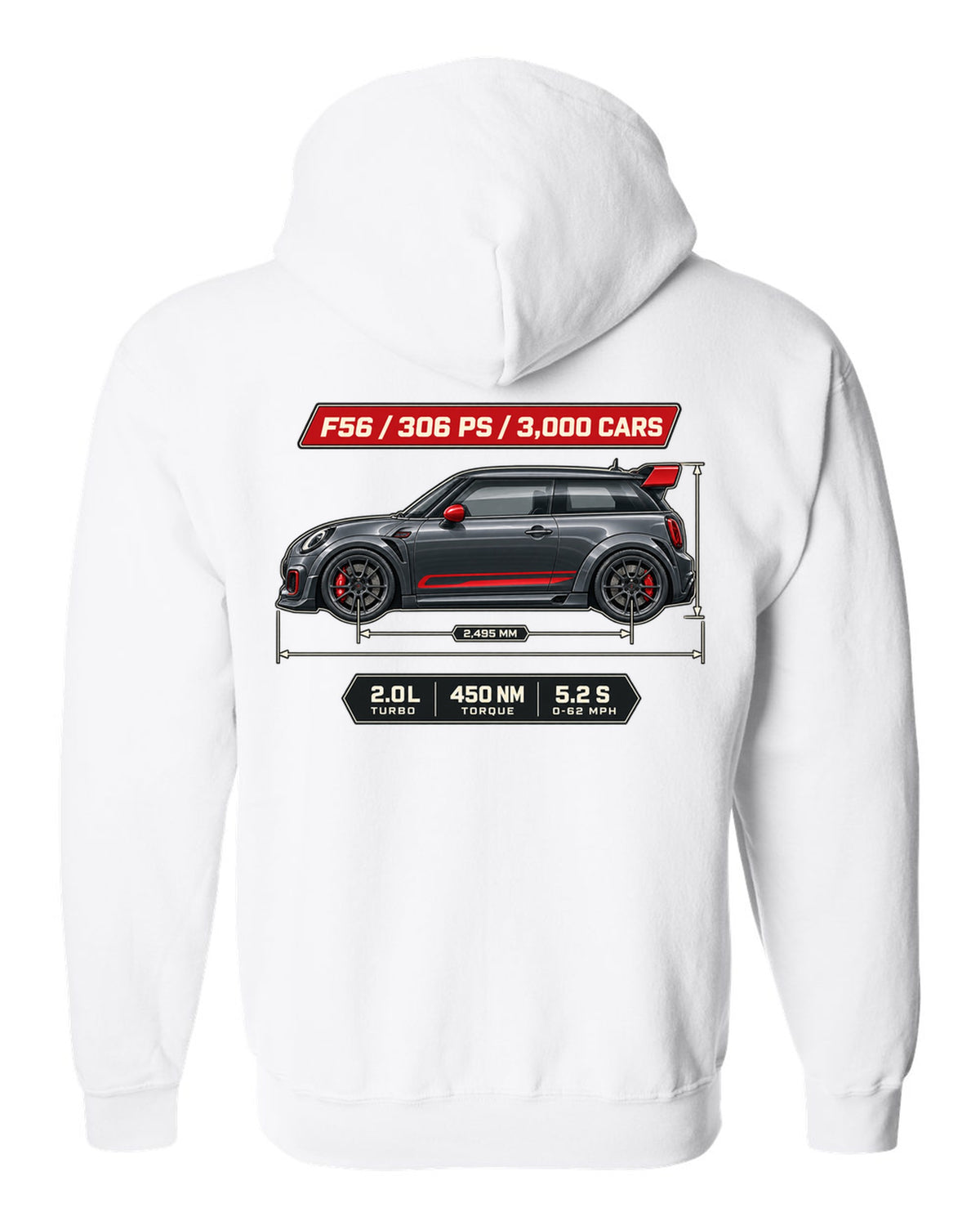 Dimension blueprint print of the Mini JCW GP F56 2020 with 306 PS and 3,000 cars text white zip hoodie back view with the design