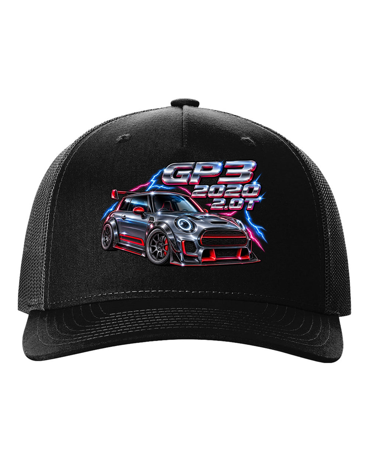 80s airbrush chrome artwork of the Mini JCW GP F56 GP3 black hat front view with the design