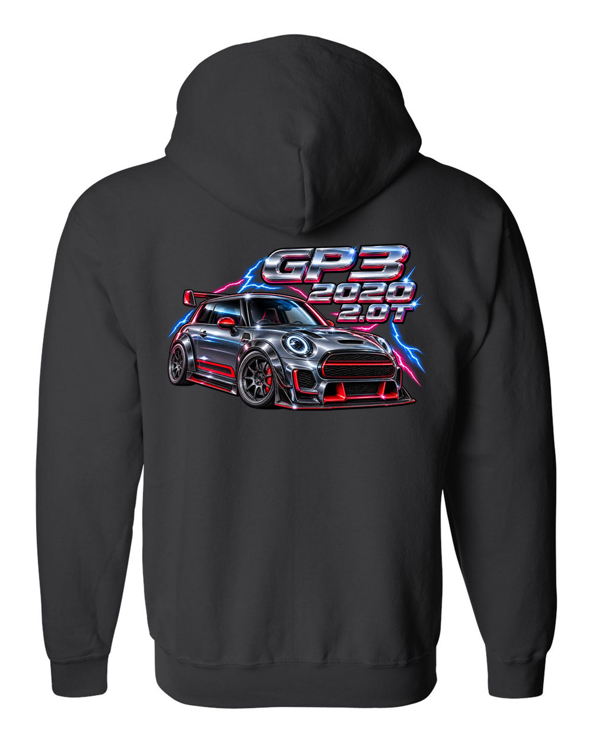 80s airbrush chrome artwork of the Mini JCW GP F56 GP3 black zip hoodie back view with the design