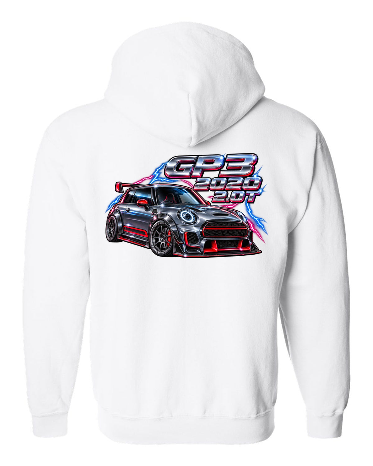 80s airbrush chrome artwork of the Mini JCW GP F56 GP3 white zip hoodie back view with the design