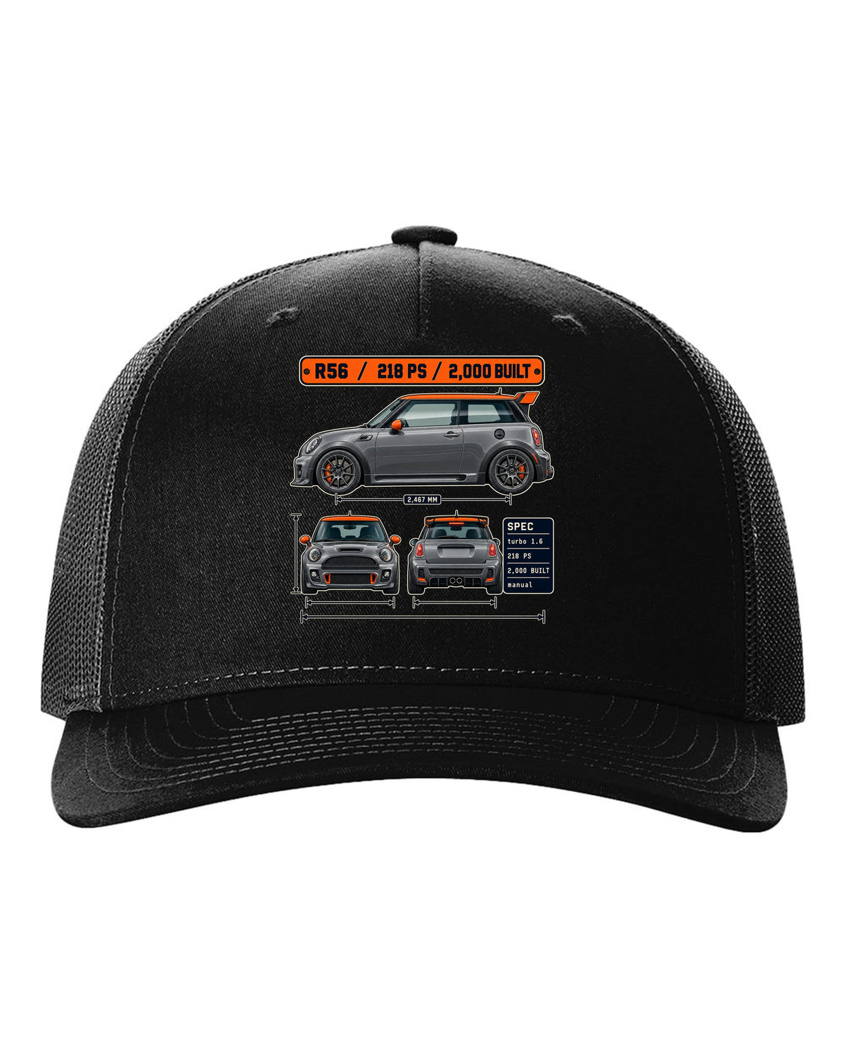 Three-view and spec table print for the Mini JCW GP R56 2012 with 2,000 built text black hat front view with the design