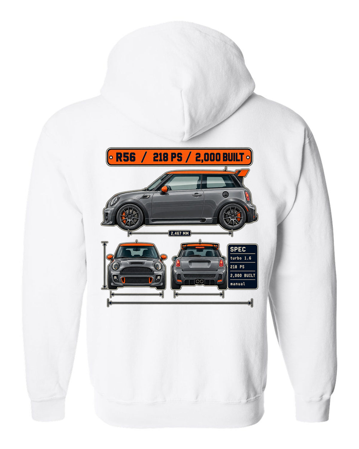 Three-view and spec table print for the Mini JCW GP R56 2012 with 2,000 built text white zip hoodie back view with the design