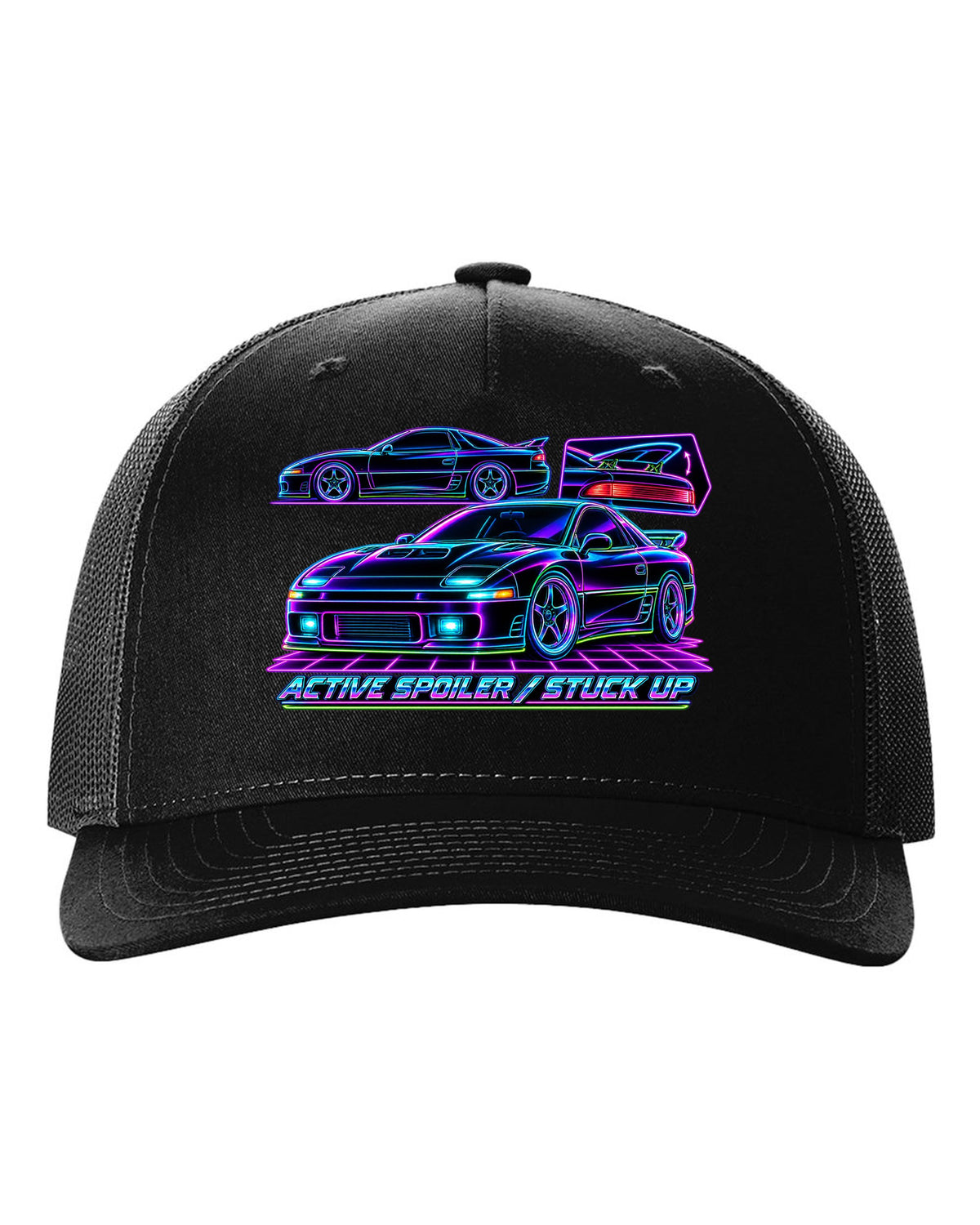 Neon wireframe outline print of the Mitsubishi 3000GT VR-4 with active spoiler stuck up text black hat front view with the design