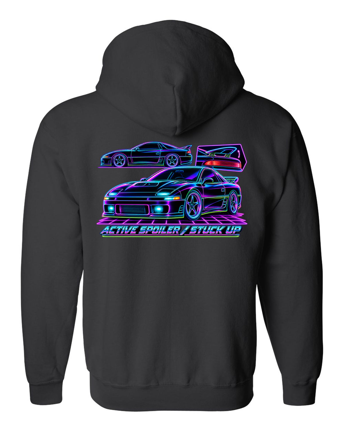 Neon wireframe outline print of the Mitsubishi 3000GT VR-4 with active spoiler stuck up text black zip hoodie back view with the design