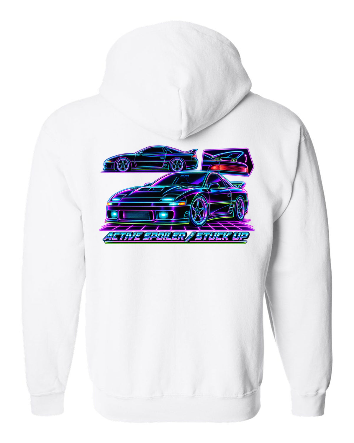 Neon wireframe outline print of the Mitsubishi 3000GT VR-4 with active spoiler stuck up text white zip hoodie back view with the design