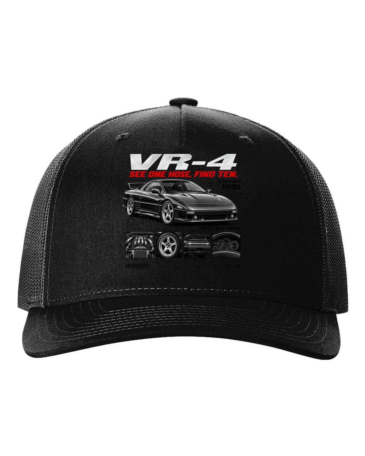 Mitsubishi 3000GT VR-4 Z16A dossier panel print with 6G72 twin turbo text black hat front view with the design