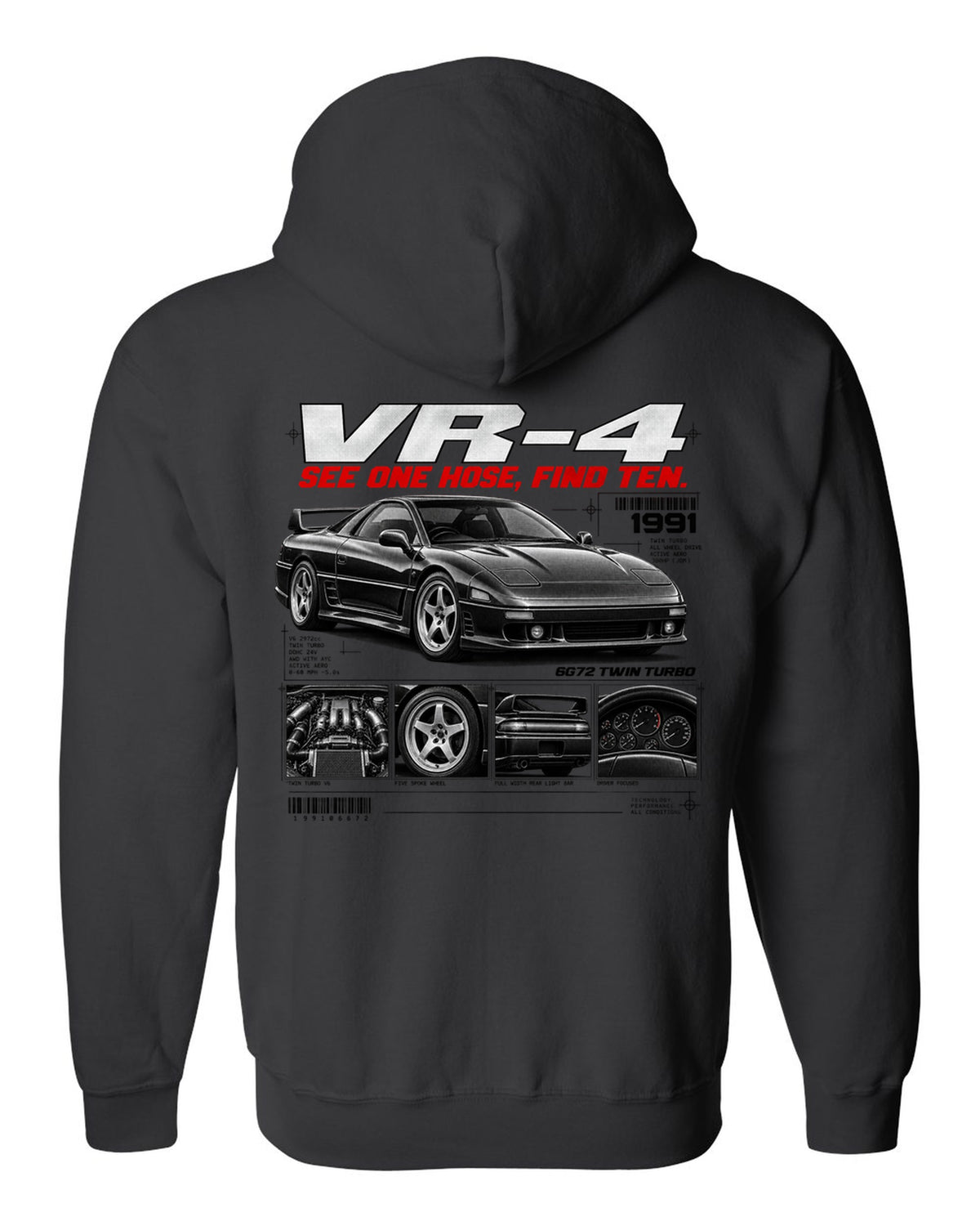 Mitsubishi 3000GT VR-4 Z16A dossier panel print with 6G72 twin turbo text black zip hoodie back view with the design