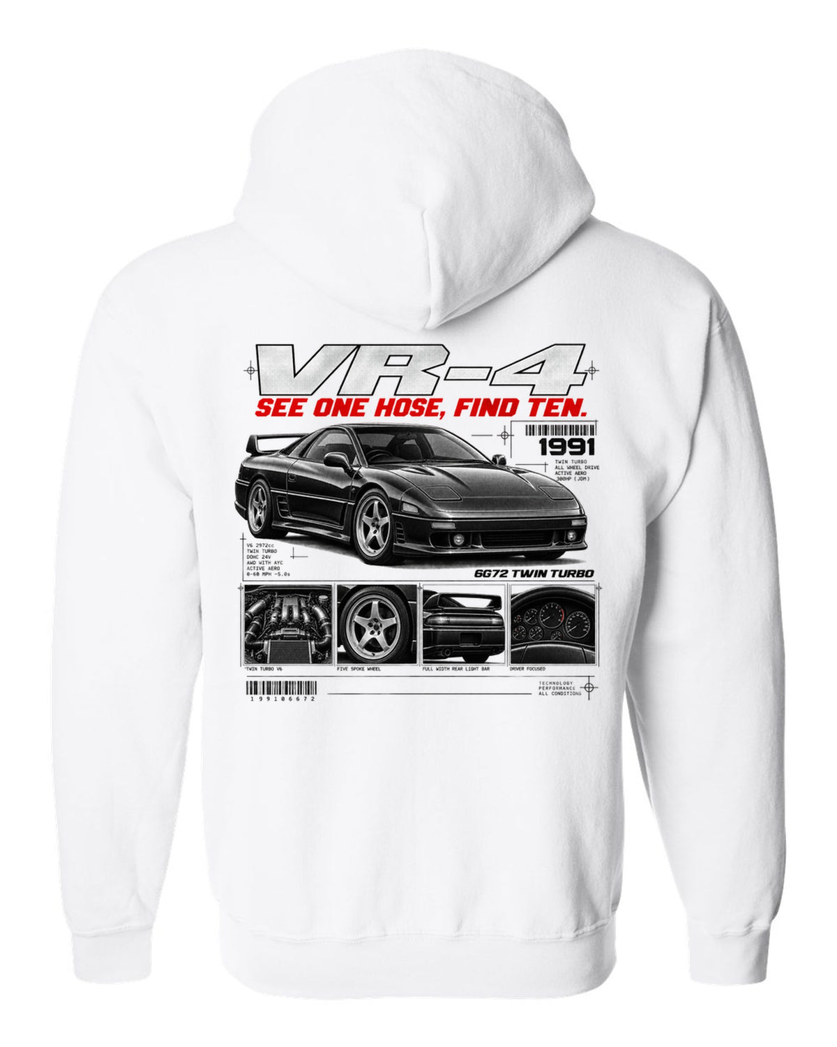 Mitsubishi 3000GT VR-4 Z16A dossier panel print with 6G72 twin turbo text white zip hoodie back view with the design