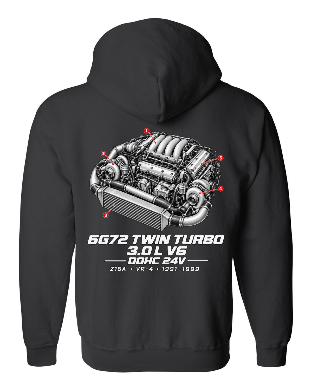 Mitsubishi 3000GT VR-4 Z16A engine bay with 6G72 twin turbo V6 specs black zip hoodie back view with the design