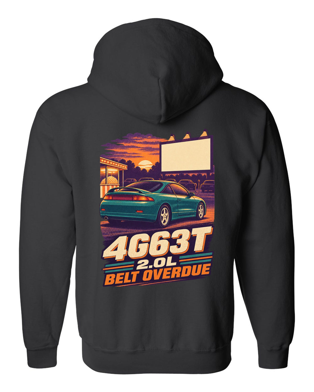 Vintage race-poster lithograph print of a Mitsubishi Eclipse 2G with 4G63T 2.0L belt overdue lettering black zip hoodie back view with the design