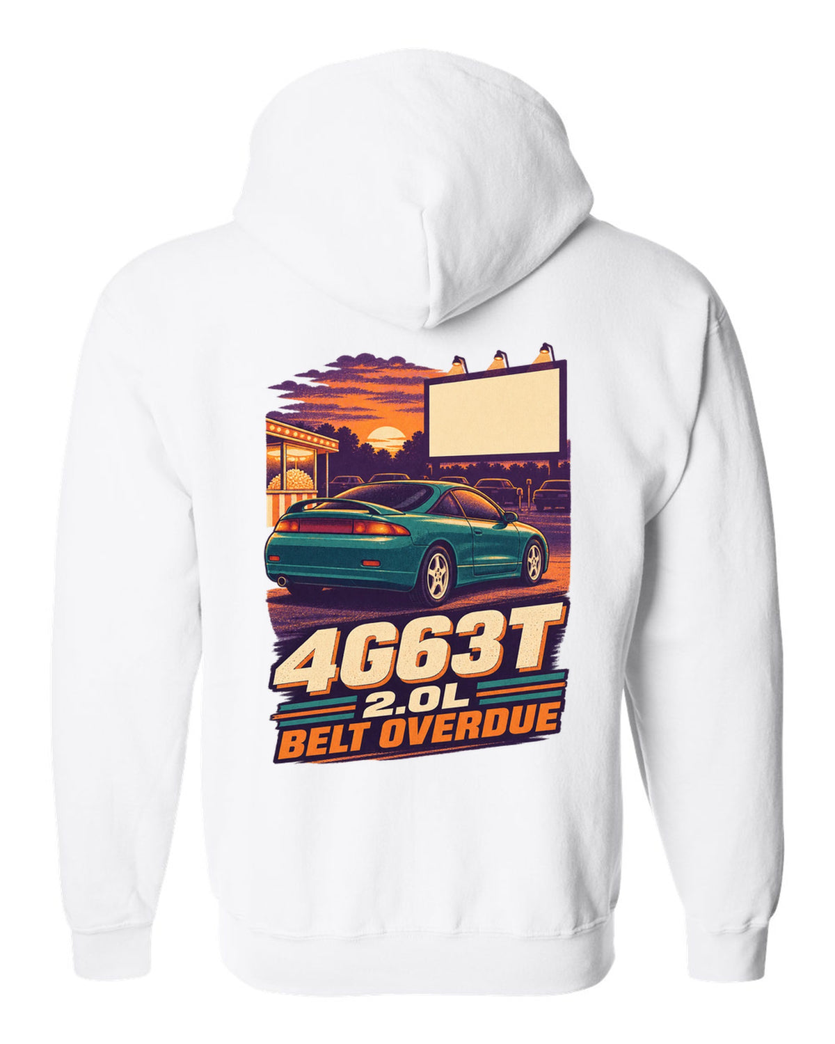 Vintage race-poster lithograph print of a Mitsubishi Eclipse 2G with 4G63T 2.0L belt overdue lettering white zip hoodie back view with the design