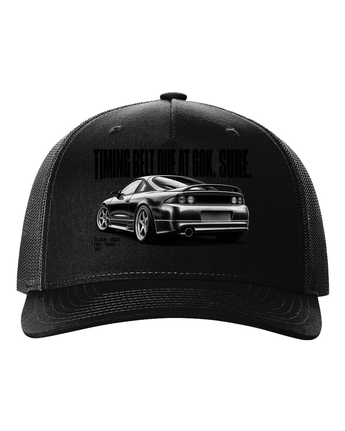 Mitsubishi Eclipse GS-T 2G DSM halftone print with timing belt joke and 4G63T text black hat front view with the design