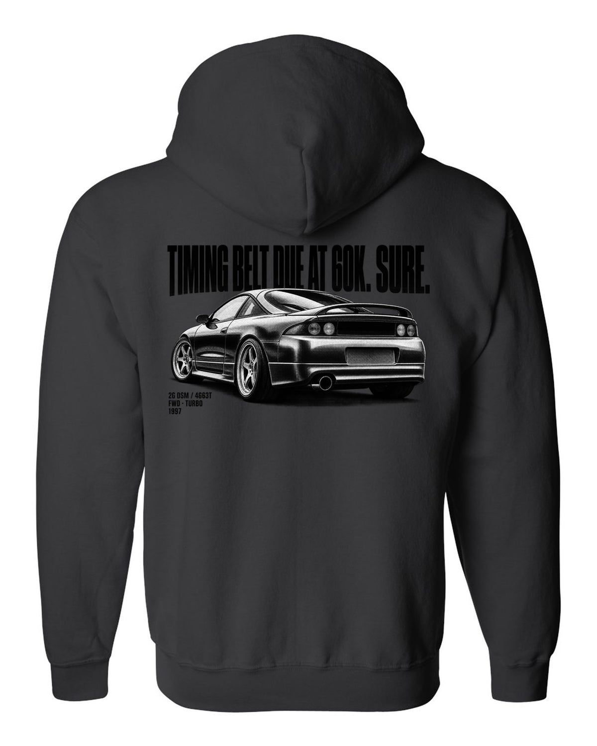 Mitsubishi Eclipse GS-T 2G DSM halftone print with timing belt joke and 4G63T text black zip hoodie back view with the design