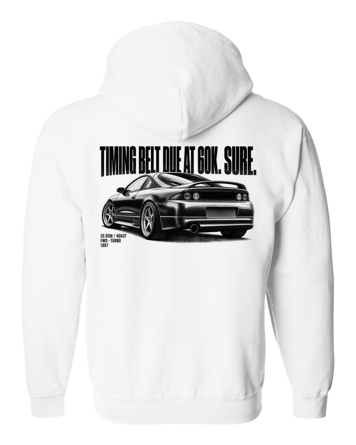 Mitsubishi Eclipse GS-T 2G DSM halftone print with timing belt joke and 4G63T text white zip hoodie back view with the design