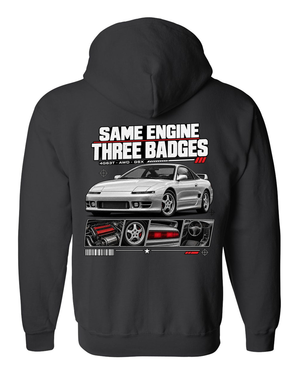 Mitsubishi Eclipse GSX 2G dossier panels with same engine three badges 4G63T text black zip hoodie back view with the design