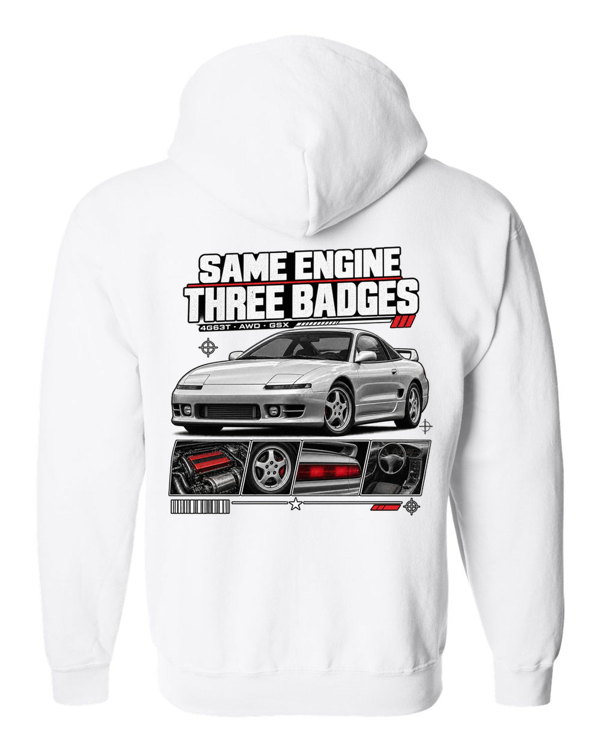 Mitsubishi Eclipse GSX 2G dossier panels with same engine three badges 4G63T text white zip hoodie back view with the design