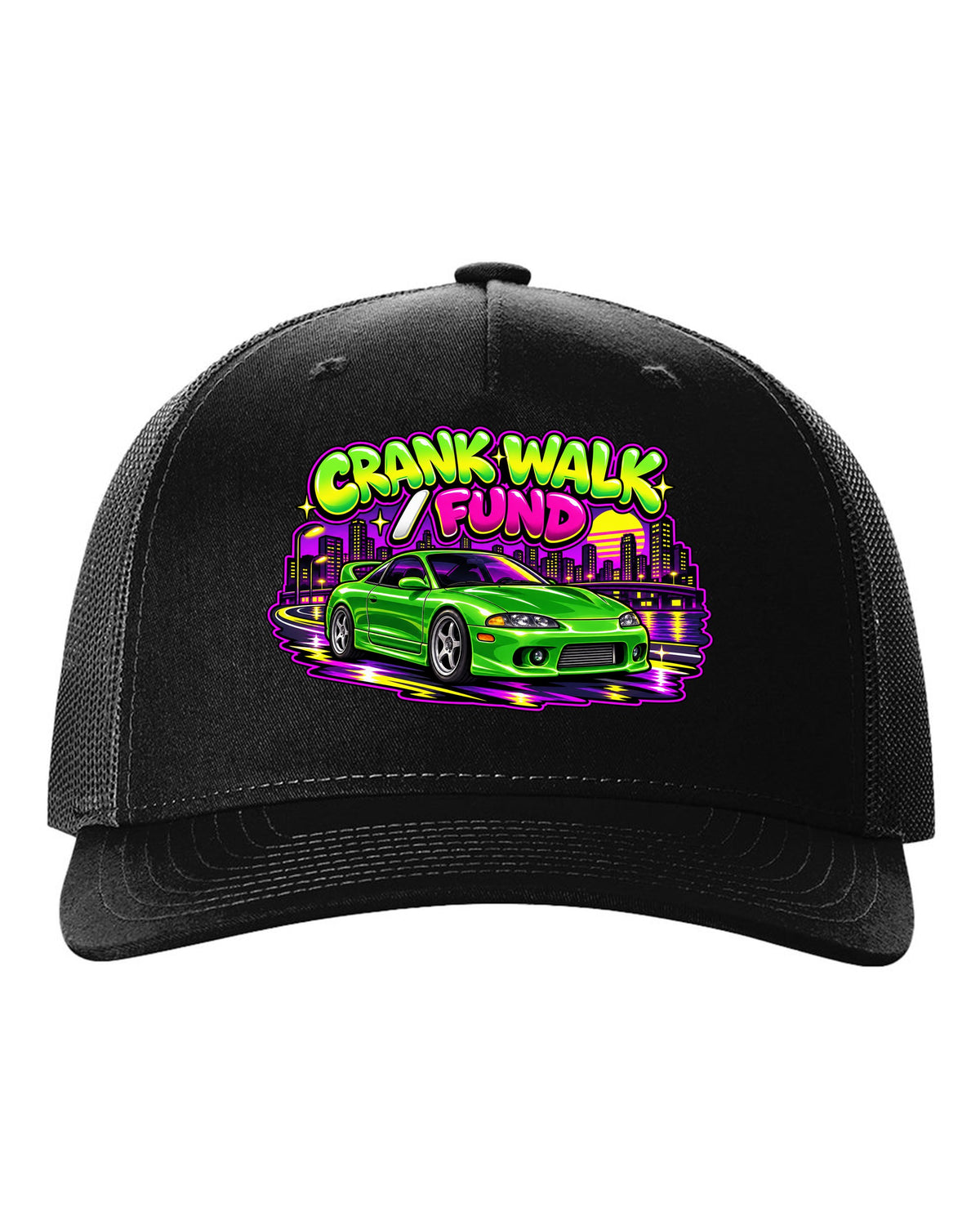 Retro 90s Saturday-morning cartoon style print of a green Mitsubishi Eclipse GSX 2G with crank walk fund text black hat front view with the design