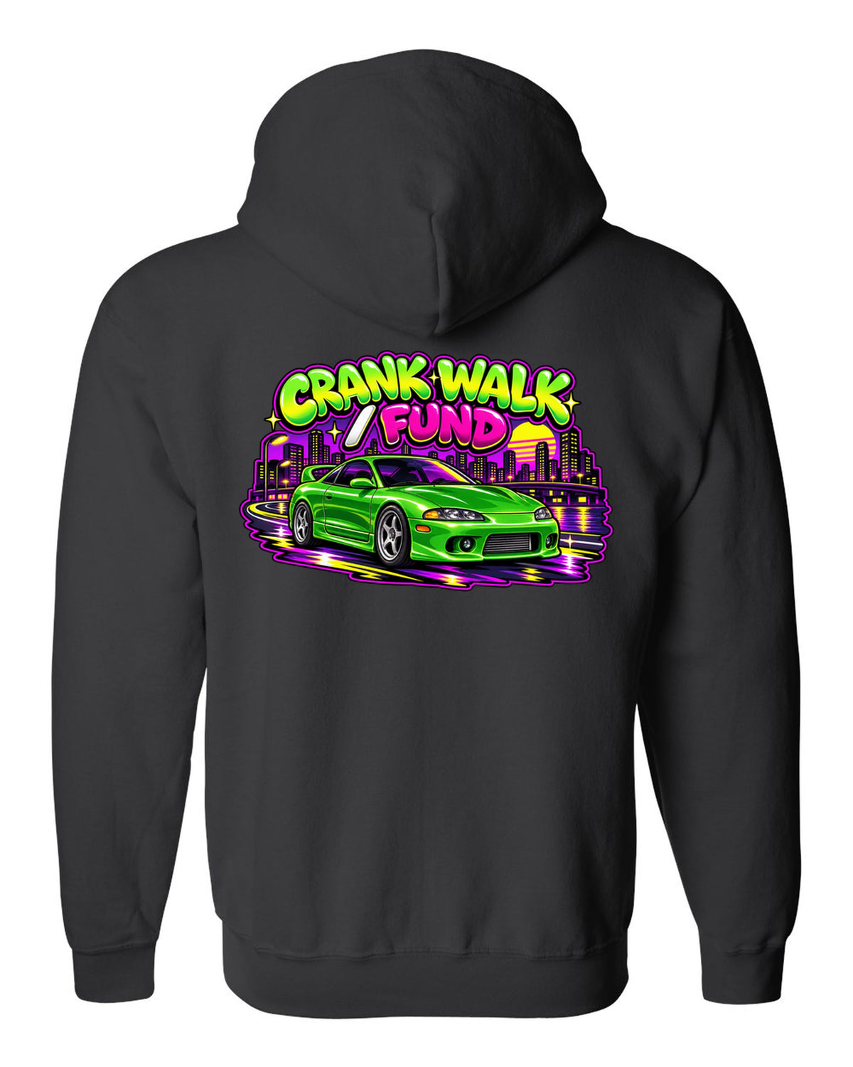 Retro 90s Saturday-morning cartoon style print of a green Mitsubishi Eclipse GSX 2G with crank walk fund text black zip hoodie back view with the design