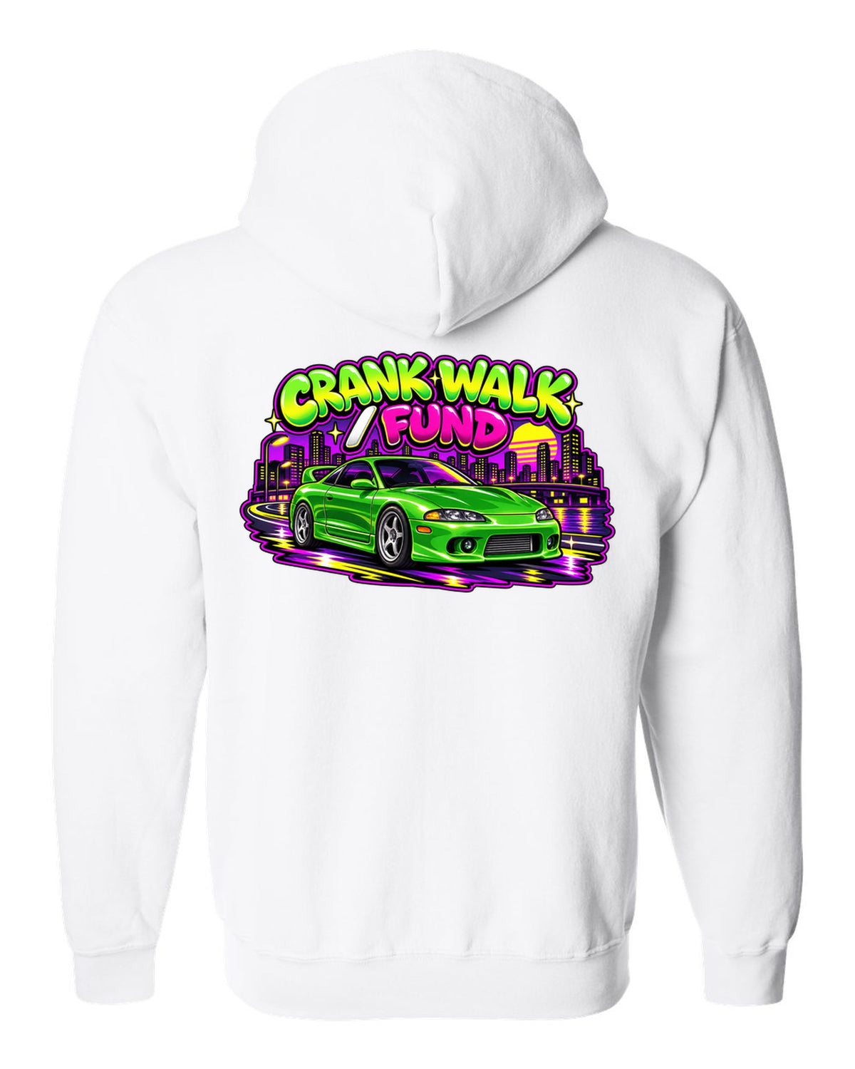 Retro 90s Saturday-morning cartoon style print of a green Mitsubishi Eclipse GSX 2G with crank walk fund text white zip hoodie back view with the design