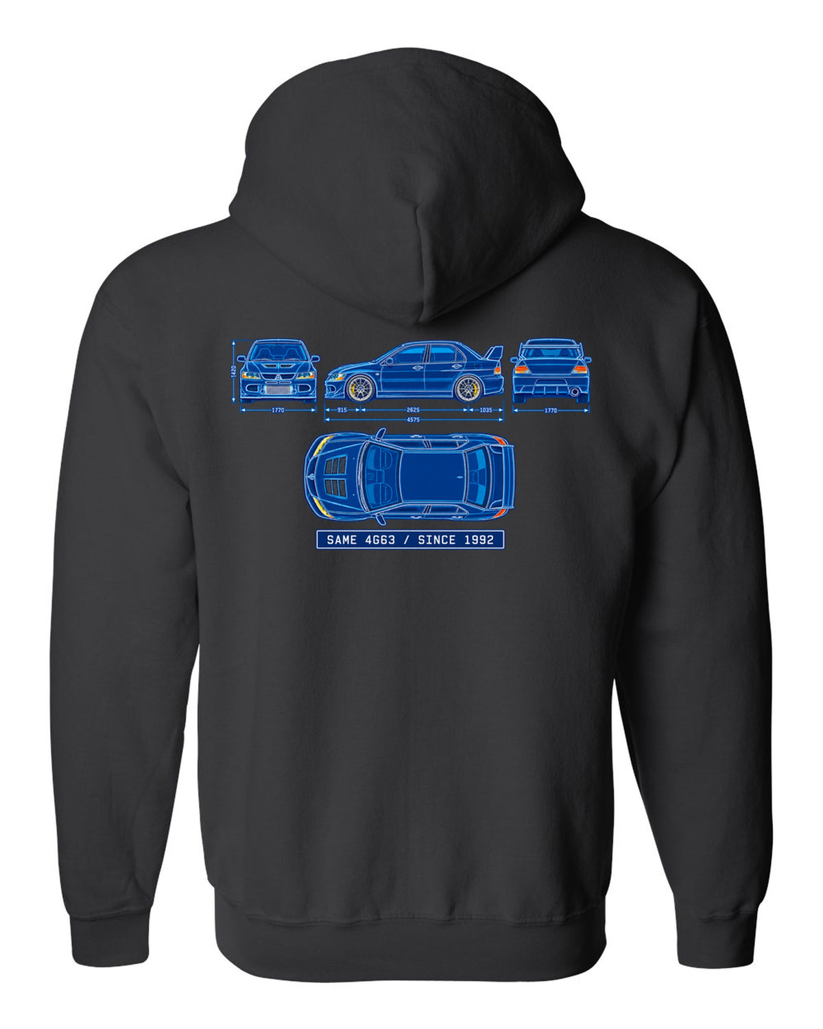 Embroidered patch style print of a boost gauge for the Mitsubishi Evo IX CT9A with boost gauge doesn't lie text black zip hoodie back view with the design