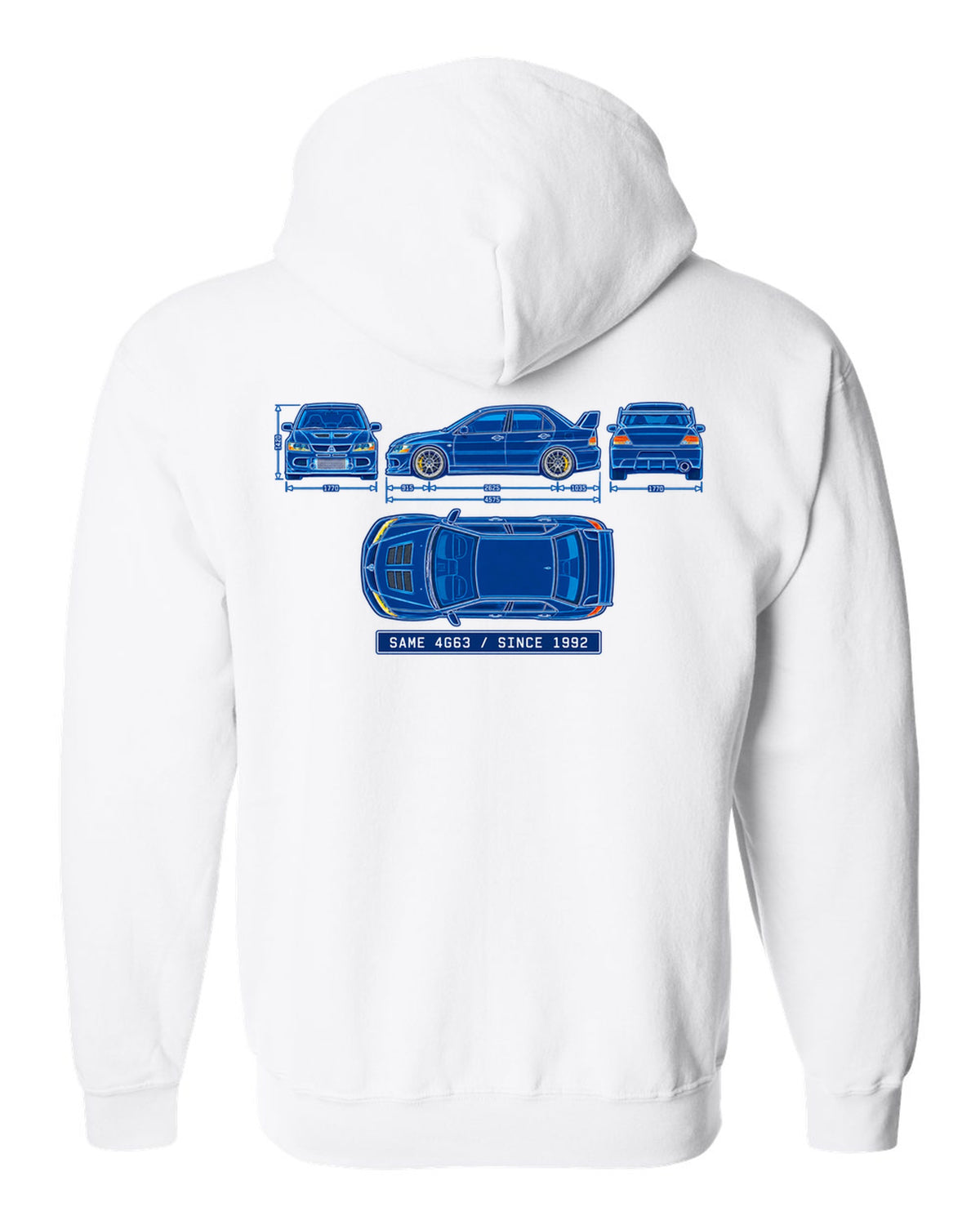 Embroidered patch style print of a boost gauge for the Mitsubishi Evo IX CT9A with boost gauge doesn't lie text white zip hoodie back view with the design