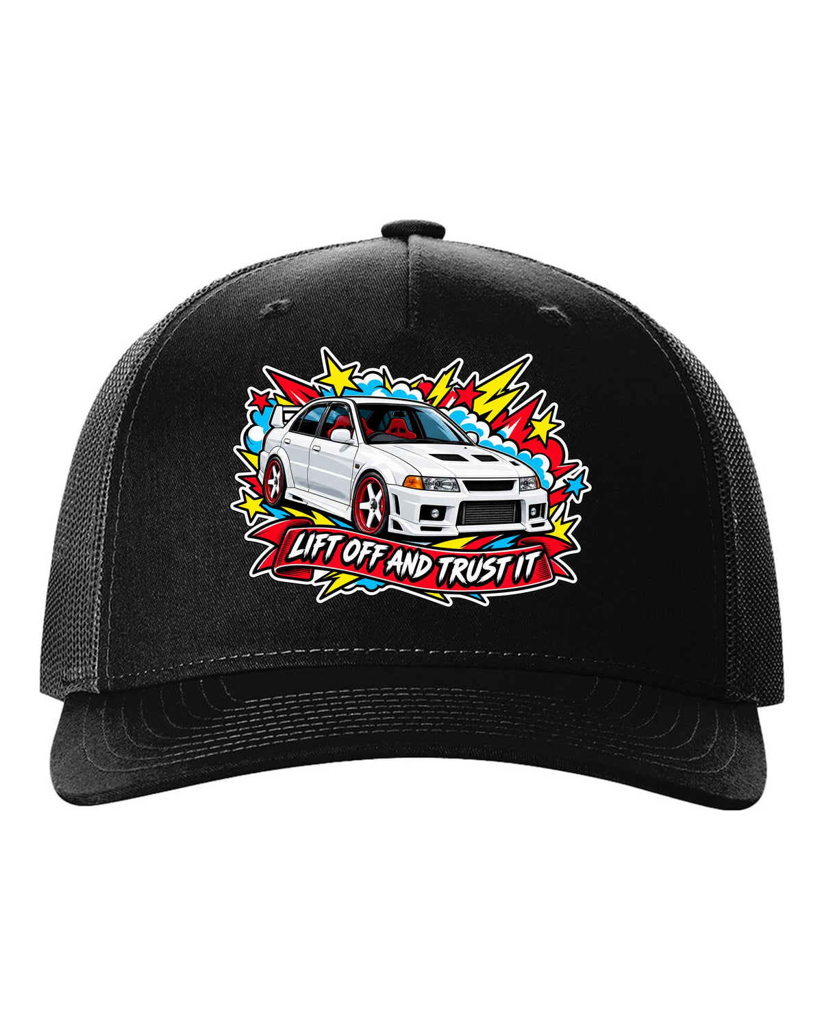 Sticker-bomb collage print for the Mitsubishi Evo VI CP9A with the text lift off and trust it black hat front view with the design