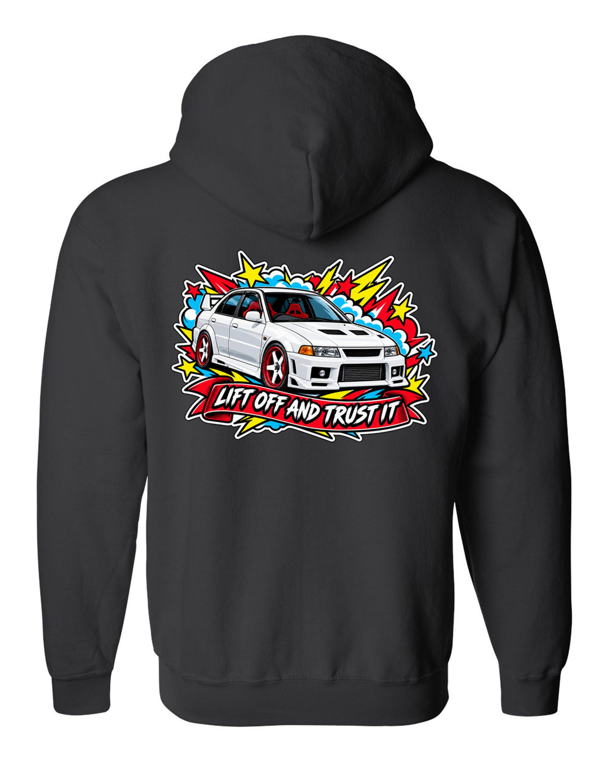 Sticker-bomb collage print for the Mitsubishi Evo VI CP9A with the text lift off and trust it black zip hoodie back view with the design