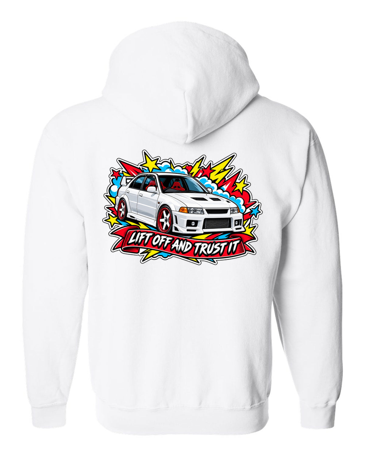 Sticker-bomb collage print for the Mitsubishi Evo VI CP9A with the text lift off and trust it white zip hoodie back view with the design