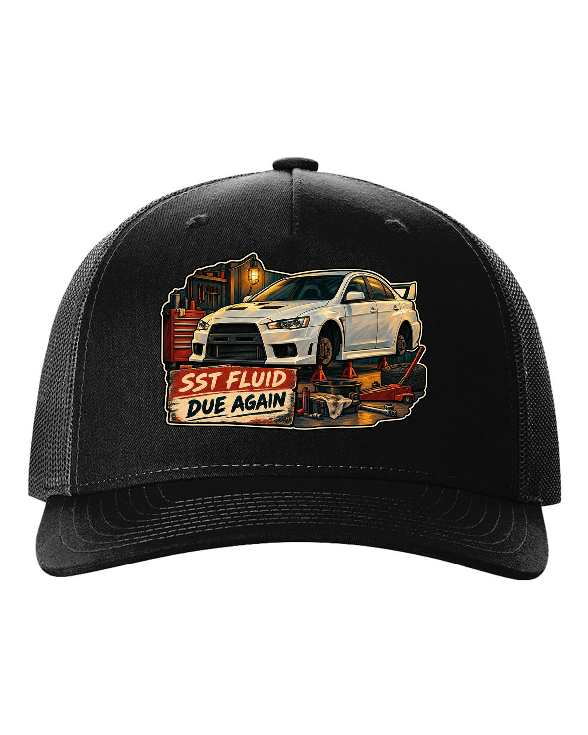 Gouache garage illustration print of the Mitsubishi Evo X CZ4A with SST fluid due again text black hat front view with the design