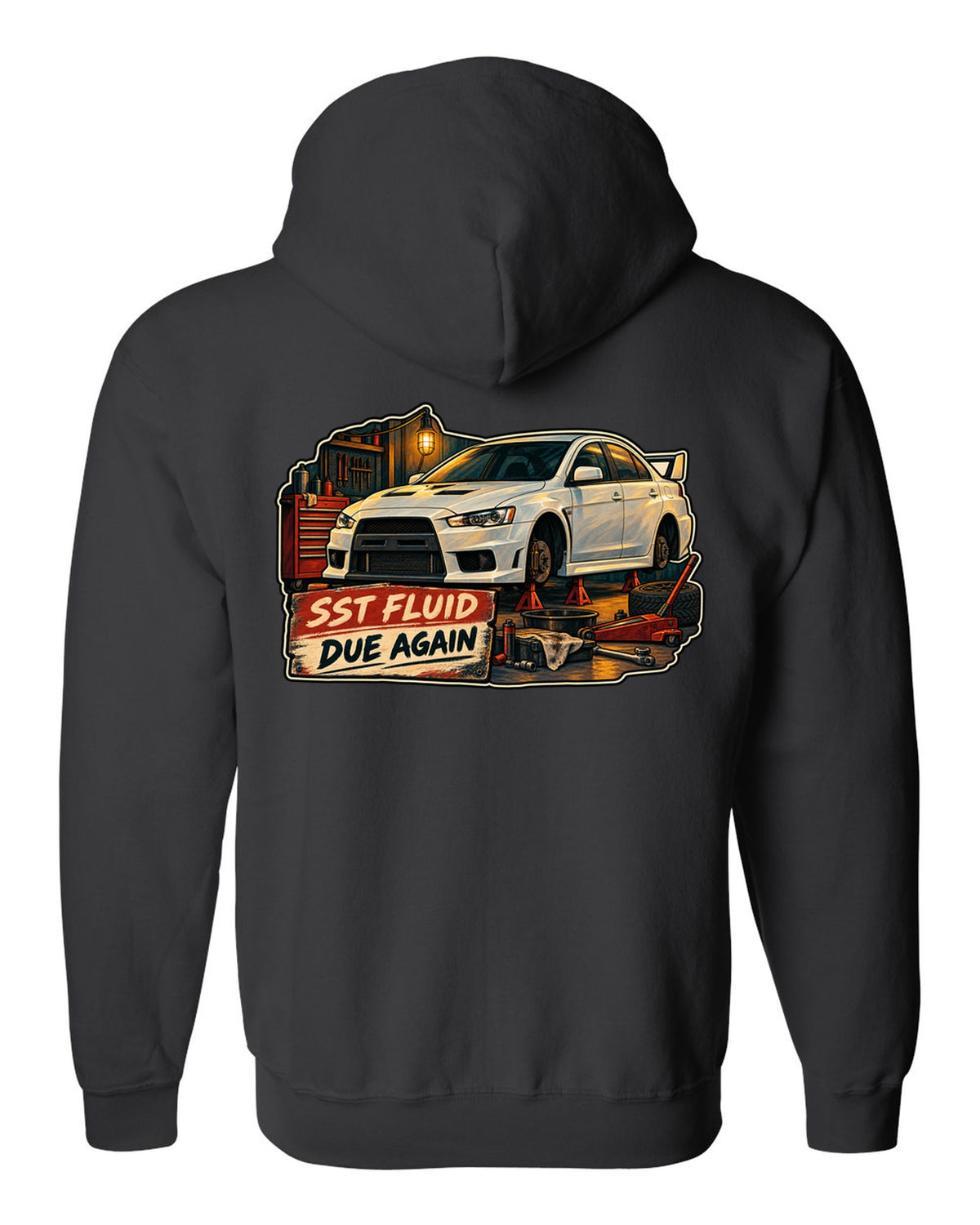 Gouache garage illustration print of the Mitsubishi Evo X CZ4A with SST fluid due again text black zip hoodie back view with the design